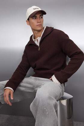 Halászgyapjú cipzáras kötöttáru pulóver - barna TMNAW22KZ0347