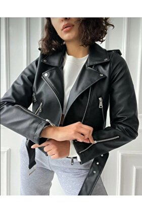 Kadın Siyah Fermuar Ve Kemer Detay Deri Ceket