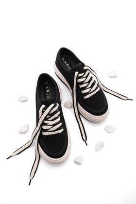 Women's Sneakers High Sole Lace-Up Linen Sneakers Kotnel Black