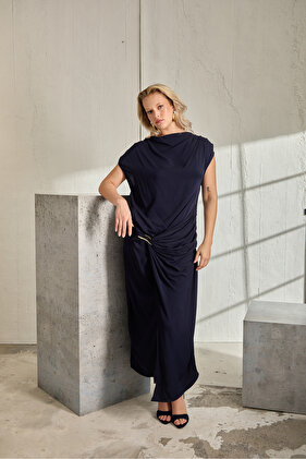 GISELLE Büyük Beden Drapeli Midi Elbise Lacivert