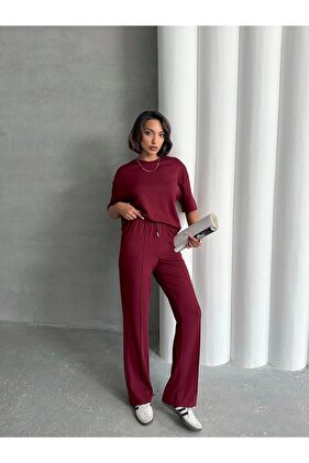 Women's Burgundy Soft Modal Fabric Short Sleeve Pants Blouse Bottom Top Double Set