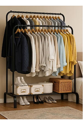 منظم علاقة ملابس معدن وحامل ملابس أسود بعجلات 110x55x150 سم