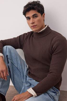 Hnědý svetr se šňůrou na půl roláku – bavlna, Tmnaw21Kz0568