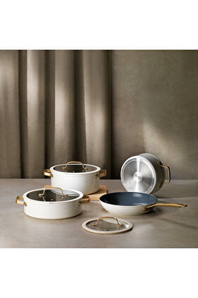 طقم أواني طهي سيراميك ياقوتي 7 قطع - أبيض/ذهبي