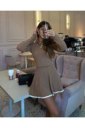 طقم سترة نسائية أنيقة بياقة بولو وتنورة تريكو مزدوجة - بني