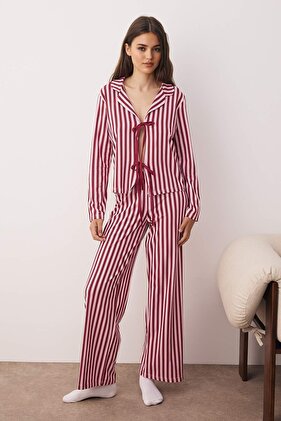 Plum-Pink Soft Touch Cotton Striped Lace-Up Knitted Pajamas Set Thmaw26Pt00072
