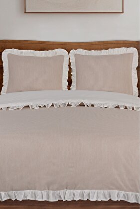 %100 Pamuk Çift Kişilik Nevresim Seti Fırfırlı Ipliği Boyalı