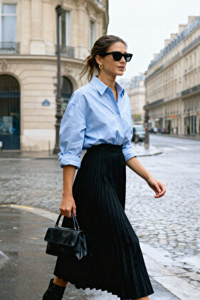 قميص أزرق منسوج من القطن بجيب واحد/قميص واسع مقاس TWOAW20GO0115