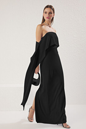 Fekete Carmen nyakú, hosszú, elegáns estélyi ruha, éjszakai ballagási ruha TPRSS25AE00115