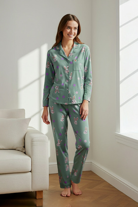 Multicolor Rabbit Print Viscose Woven Pajamas Set Thmaw21Pt0048