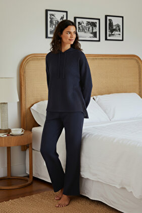 طقم بيجامة محبوكة بغطاء للرأس باللون الأزرق الداكن THMAW22AU0334