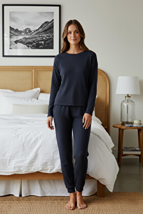 Granatowy komplet piżamowy z dzianiny waflowej THMAW23PT00021