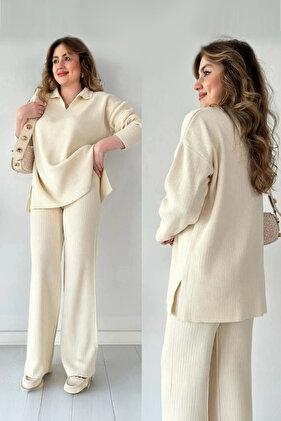 طقم تريكو نسائي سترة وبنطلون بياقة بولو