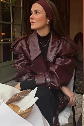 Clarve Vintage Women's Burgundy Leather Biker Jacket