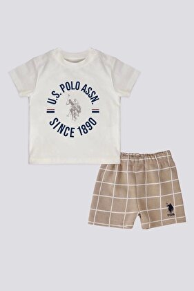 طقم تي شيرت بأكمام قصيرة للأطفال الأولاد مكون من قطعتين - كريمي