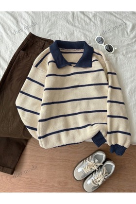 Ekru Lacivert Selanik Örgü Polo Yaka Oversize Triko Kazak, Kadın Kazak
