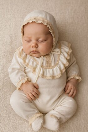 طقم بذلة للأطفال حديثي الولادة - بذلة خروج من المستشفى مزينة بالدانتيل والكريمي