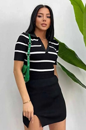 Women's Polo Neck Short Sleeve Knitwear Blouse