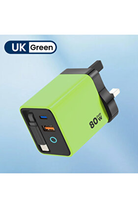 green UK 80W Super Fast Charge Type C USB Phone Charger With Telescopic USB C Cable For Iphone 16 15
