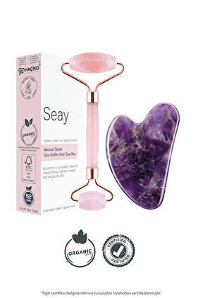Pembe Kuvars Face Roller Ve Ametist Kalp Gua Sha Yüz Masaj Aleti Seti Değerli Doğaltaş Sertifikalı