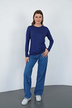 Kadın Bisiklet Yaka Viskon Likra Uzun Kollu Tişört-lacivert