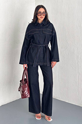 Women's Belted Denim Pants & Jacket Set – Modern & Powerful Silhouette
