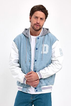 Street Fashion Casual And Stylish Hooded Denim College Jacket Ice Blue For Men's Daily Use