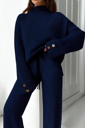 ÚJ SZEZON Álló galléros gombos részletekkel ellátott, túlméretezett pulóver-nadrág kötöttáru alsó felső szett 0034