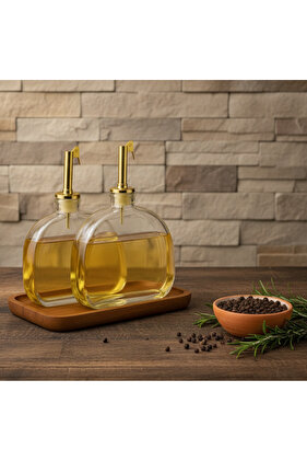 Oval Cam 500ml Yağdanlık & Sirkelik Sosluk 2'li Ahşap Stantlı Set Kararmaz, Paslanmaz Gold kapaklı