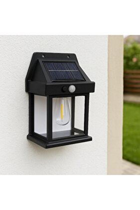 Соларна стенна лампа със сензор за движение, декоративна LED, IP44, черна, 19x12x10см