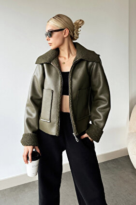 سترة نسائية كاكي بجيب مزدوج من الجلد الصناعي لراكبي الدراجات النارية Prm0408