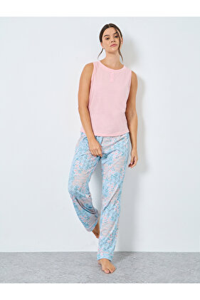 Placket Detail Tank and Floral Piped Pyjama Set