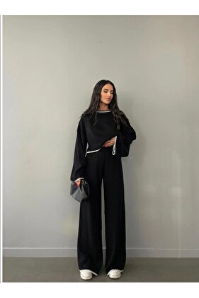 Kadın Siyah Fitilli Triko Takım