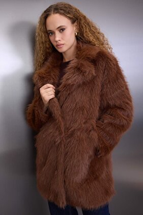 Hnedý kožušinový monokryt Oversize Midi kabát TWOAW26KB00006