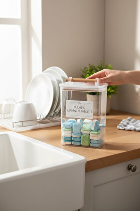 برطمان تابلت شفاف لغسالة الأطباق سعة 2000 مل بمقبض خشبي