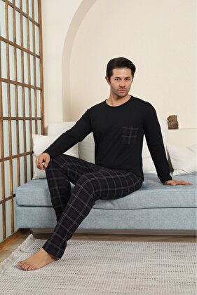 Erkek Penye Ekoseli Siyah Uzun Pijama Takımı