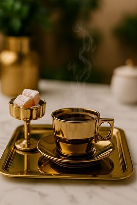 طقم تقديم القهوة الذهبية - فنجان قهوة ذهبي، وعاء للحلويات وصينية - طقم قهوة فاخر - طقم قهوة للعريس