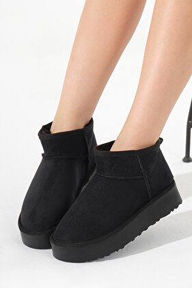 Kadın Siyah Kalın Poli Taban İçi Kürklü Süet Görünümlü Bot