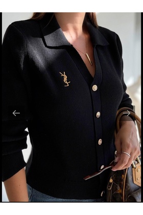 Women's Black Gold Button Detailed Steel Textured Jacket Cardigan