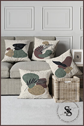 Colorful Stones Designed Floral Patterned 4-Piece Digital Printed Throw Pillow Cover