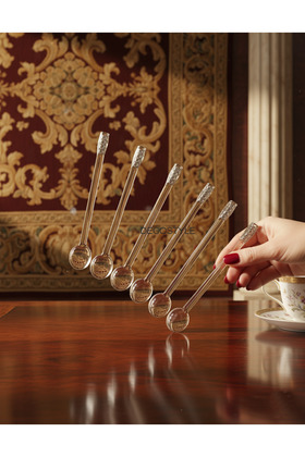 6 Pieces Chain Stoned Glass Teaspoon - Length 11 Cm, Mouth 1.75 cm