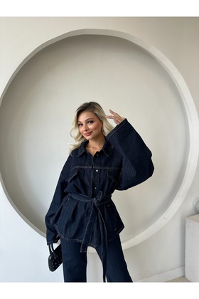 ENSADE Oversize tmavě modrá dámská stylová džínová bunda s páskem a kalhoty se zvonovým střihem