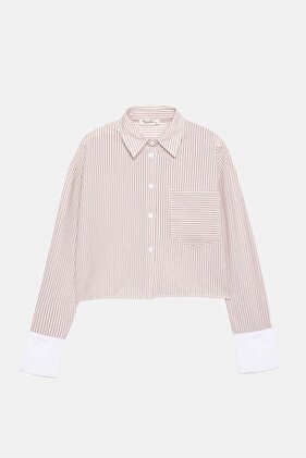 قميص نسائي بيج مخطط بقصة مريحة وجيب واحد منسوج - أكمام بيضاء