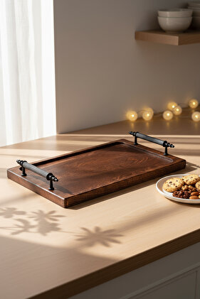 صينية - صينية خشبية بمقابض معدنية، صينية تقديم، صينية تقديم القهوة