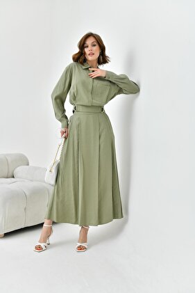 بدلة تنورة مشروط نسائية كاكي 30714