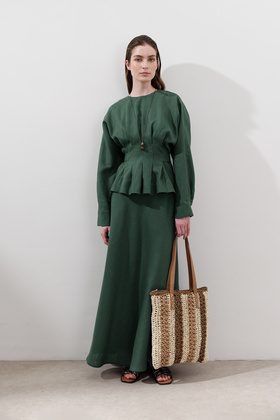 Linen Stitching Detail Skirt Petrol