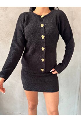Heart Button Cardigan and Elastic Waist Mini Skirt Bottom Top Beard Knitwear Set