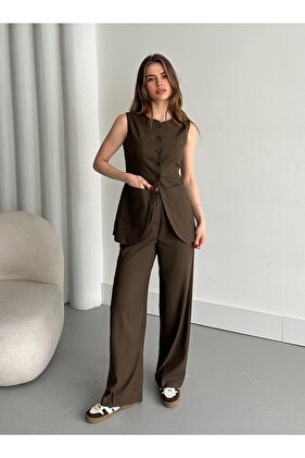 Brown Buttoned Vest Pants Set