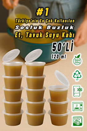 50 Adet Sızdırmaz 120 ml Mini Saklama Kabı Sosluk Buzluk Kabı, Et Suyu, Kemik Suyu, Sos Kabı Mutfak