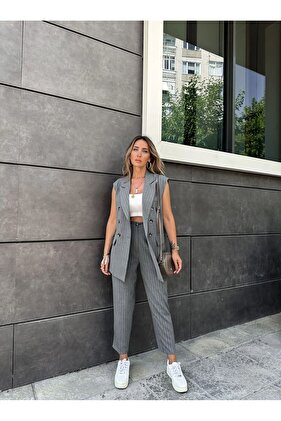 Premium Size Fit Γυναικείο Παντελόνι Αμάνικο Σετ Γιλέκο Atlas Fabric